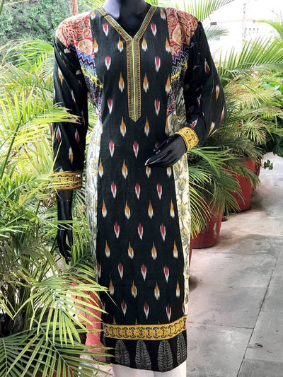 Yellow-Moss Green Ikat-Vanaspati Cotton Designer Kurti – alternate view
