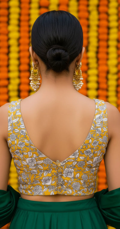 Yellow Kalamkari Inspired Screen Print Blouse – alternate view