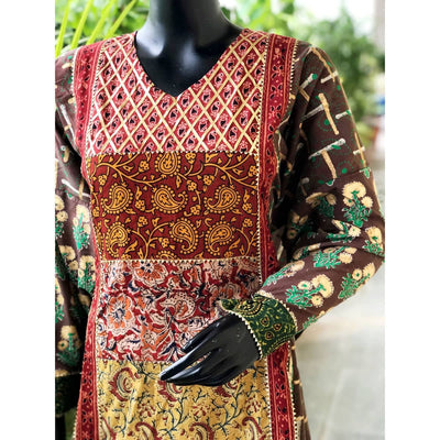 Mud Brown Gold Block Cotton Designer Anarkali