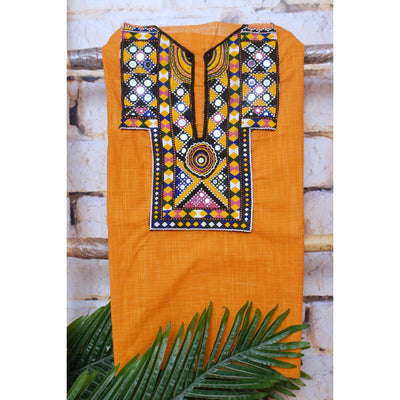Yellow Cotton Kutch Old Work Kurti Fabric
