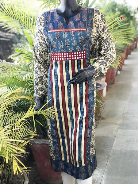 Cream Ajrakh Modal Designer Patchwork Kurti