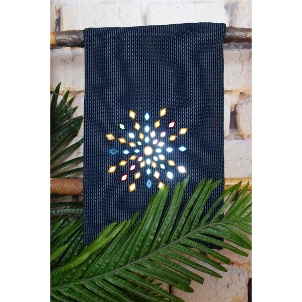 Blue Kantha Cotton Mirror Work Kurti Fabric