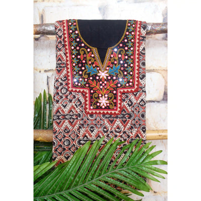 Kalamkari block printed cotton kurti with hand embroidery on neckline – breathable fabric, plus-size friendly, up to 5XL