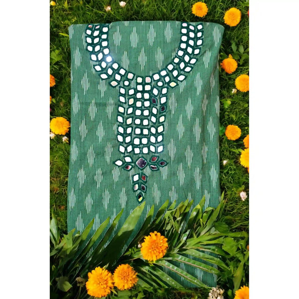 Green Ikat Cotton Abhla Work Kurti - Main Image