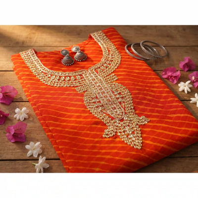 Peach Georgette Viscose Leheriya Kundan-Gota Kurti Fabric