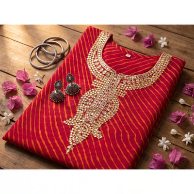 Pink Georgette Viscose Leheriya Kundan-Gota Kurti Fabric