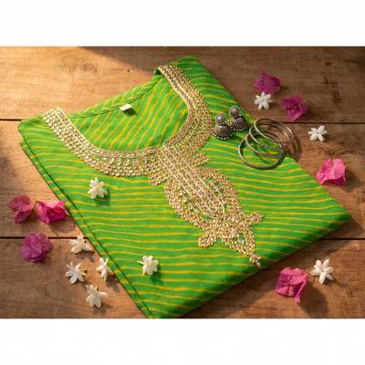Green Georgette Viscose Leheriya Kundan-Gota Kurti Fabric