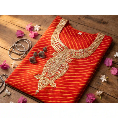 Orange Georgette Viscose Leheriya Kundan-Gota Kurti Fabric