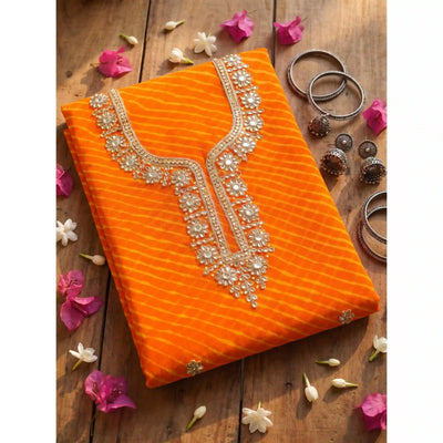 Yellow Georgette Viscose Leheriya Kundan-Gota Kurti Fabric