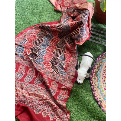 Handcrafted Ajrakh Mashru Silk Stole with natural dye geometric prints