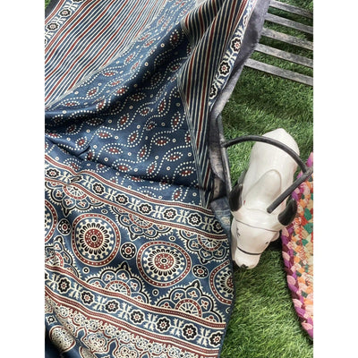 Handcrafted Ajrakh Mashru Silk Stole with natural dye geometric prints