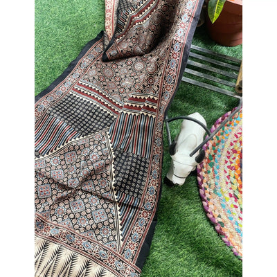 Handcrafted Ajrakh Mashru Silk Stole with natural dye geometric prints