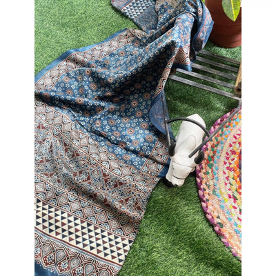 Handcrafted Ajrakh Mashru Silk Stole with natural dye geometric prints