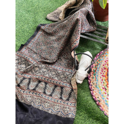 Handcrafted Ajrakh Mashru Silk Stole with natural dye geometric prints – alternate view