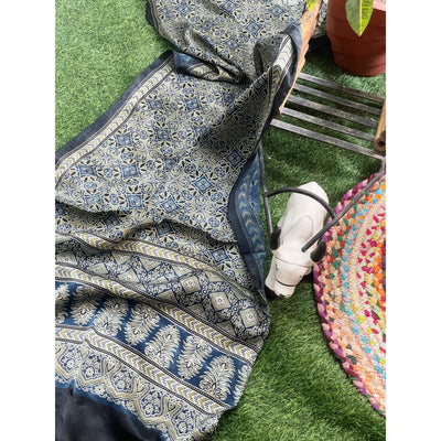 Handcrafted Ajrakh Mashru Silk Stole with natural dye geometric prints