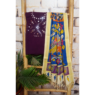 Deep Purple Cotton Mirror Work Pen Kalamkari Dupatta Set — top and dupatta