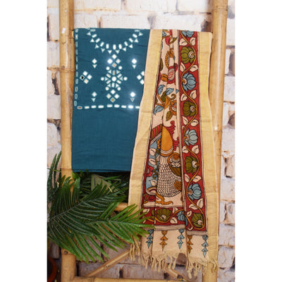 Teal Cotton Mirror Work Pen Kalamkari Dupatta Set — top and dupatta