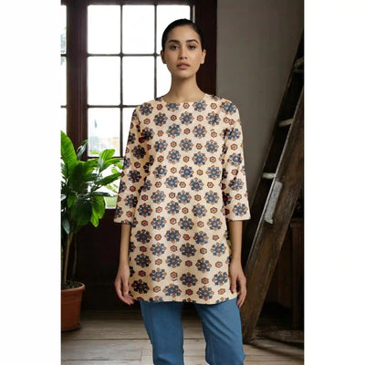 Cream Ajrakh Block Print Short Kurti