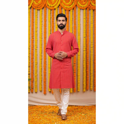 Red Kantha Woven Cotton Kurta