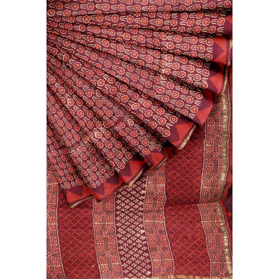 Maroon Bagru Block Print Chanderi Silk Saree - SSEthnics