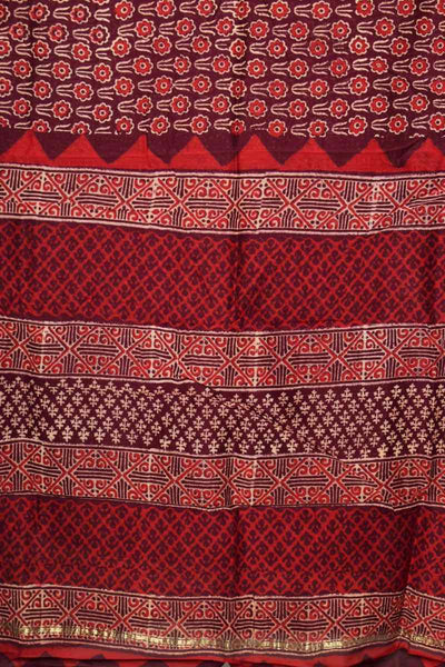Maroon Bagru Block Print Chanderi Silk Saree - SSEthnics