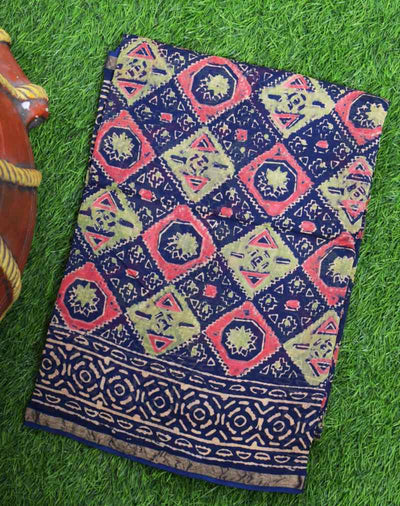 Blue Bagru Block Print Chanderi Silk Saree - SSEthnics