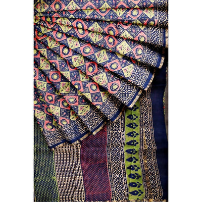 Blue Bagru Block Print Chanderi Silk Saree - SSEthnics
