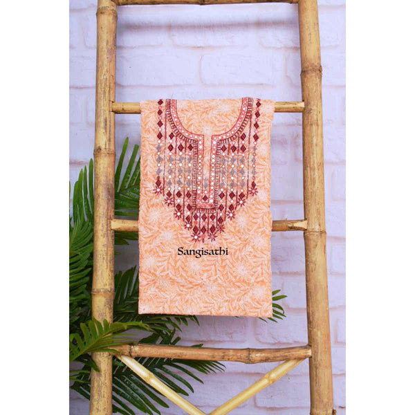 Peach Georgette Tepchi Kurti Fabric with Neck Embroidery