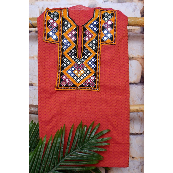 Red Cotton Kutch Old Work Kurti SSEthnics - Main Image