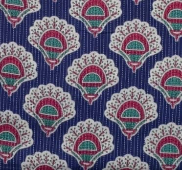Blue-Handblock-Print Kantha Stitch Fabric