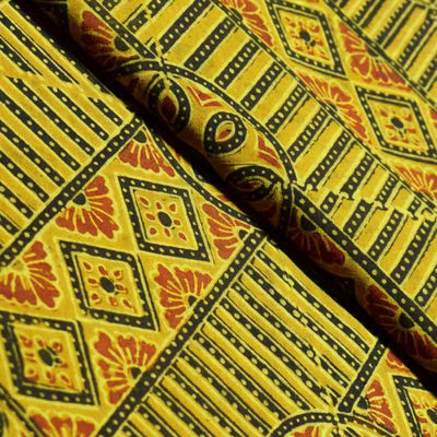 Pure Yellow Ajrakh Triple Hand Block Cotton Fabric