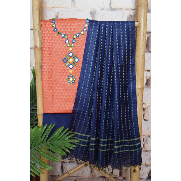 Peach Blue Bhagalpuri Cotton Silk Suit with Mirror Work SSEthnics