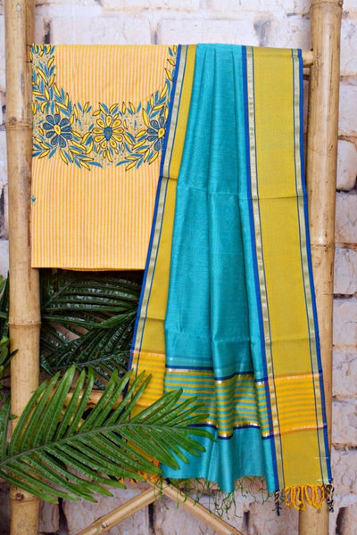 Yellow Handloom Maheshwari Silk Suit with Hand Embroidery - SSEthnics – alternate view