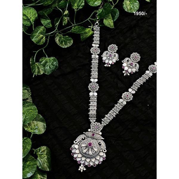 Oxidised Silver Long Necklace with Earrings - SSEthnics Oxidised Silver Long Necklace with Earrings - SSEthnics