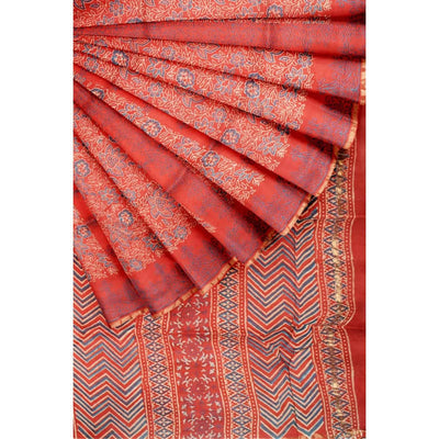 Red Bagru Block Print Chanderi Silk Saree - SSEthnics