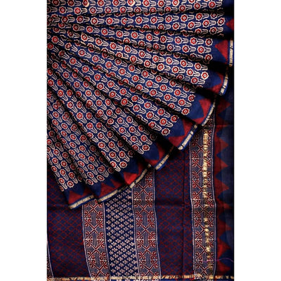 Blue Bagru Block Print Chanderi Silk Saree - SSEthnics