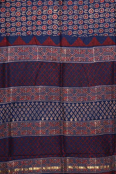 Blue Bagru Block Print Chanderi Silk Saree - SSEthnics
