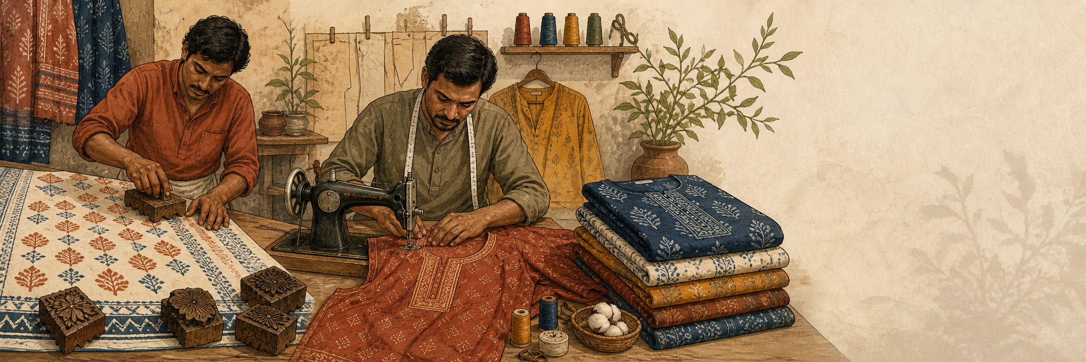 Artisan block printing fabric and tailor stitching a kurti