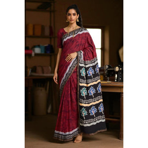 Maroon Batik Maheshwari Silk Saree