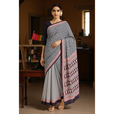 Cream Bagh Designer Mul Cotton Saree