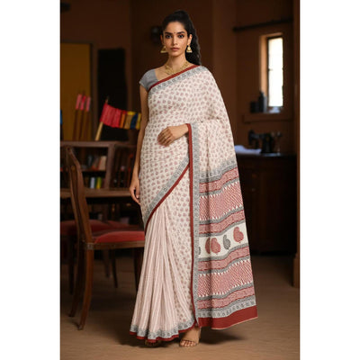 Cream Bagh Designer Mul Cotton Saree