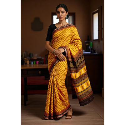 Yellow Bagh Handloom Maheshwari Silk Saree with Zari Booti