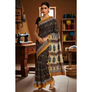 Olive Jaipuri Block Print Sico Saree
