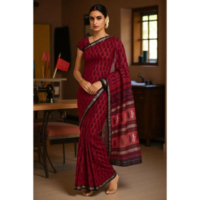 Red Handloom Bagh Maheshwari Silk Saree