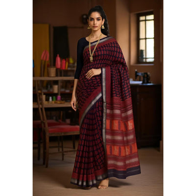 Orange Red Handloom Bagh Maheshwari Silk Saree with Zari Bootis