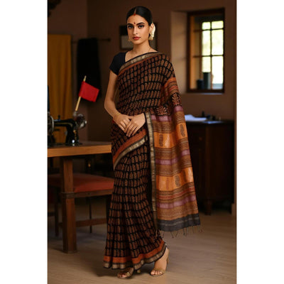 Mustard Handloom Bagh Maheshwari Silk Saree with Zari Bootis