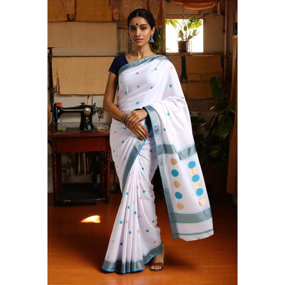 White Handloom Maheshwari Silk Saree with Booti