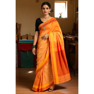 Orange Handloom Maheshwari Jute Silk Saree