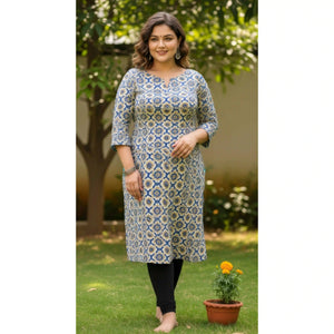 Cream Ajrakh Straight Cut Kurti