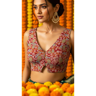 Red Kalamkari Inspired Screen Print Blouse